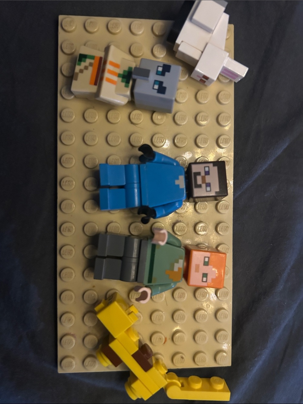 Lego Minecraft weird little family of Steve, Alex, rabbit, villager, kitty